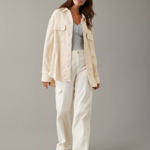 NWT American Eagle M Women's Oversized Fleece & Love Shacket, Sand Medium (AEO) - Picture 1 of 13